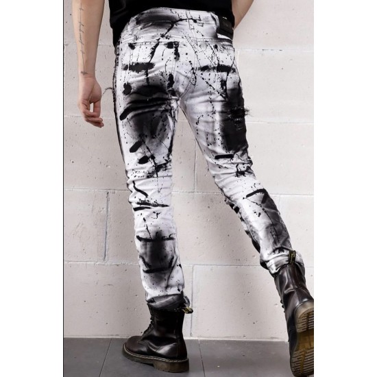 Kingz Beyaz Üzerine Siyah Lekeli Kot Pantolon