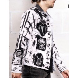 Kingz Hellraiser Baskılı Yamalı Beyaz Kot Ceket