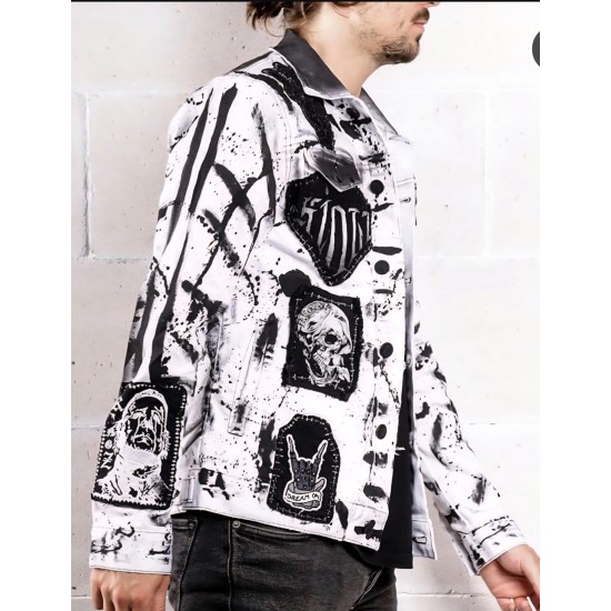Kingz Hellraiser Baskılı Yamalı Beyaz Kot Ceket