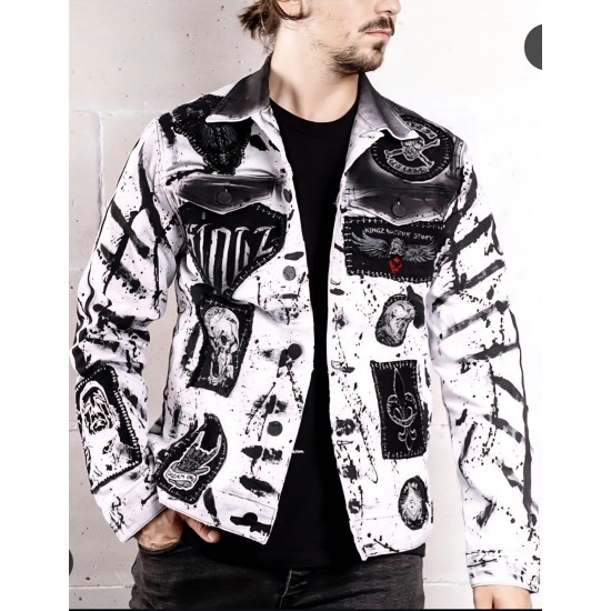 Kingz Hellraiser Baskılı Yamalı Beyaz Kot Ceket