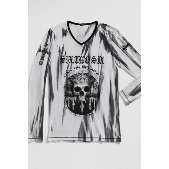 Kingz Beyaz Üzerine Sis ve Kuru Kafa Baskılı Uzun Kollu T-shirt Kingz Beyaz Üzerine Sis ve Kuru Kafa Baskılı Uzun Kollu T-shirt