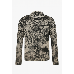 Kingz Beyaz Üzerine Siyah Kuru Kafa ve Kaplan Baskılı Kot Ceket