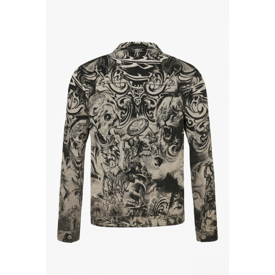 Kingz Beyaz Üzerine Siyah Kuru Kafa ve Kaplan Baskılı Kot Ceket Kingz Beyaz Üzerine Siyah Kuru Kafa ve Kaplan Baskılı Kot Ceket