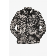 Kingz Beyaz Üzerine Siyah Kuru Kafa ve Kaplan Baskılı Kot Ceket Kingz Beyaz Üzerine Siyah Kuru Kafa ve Kaplan Baskılı Kot Ceket