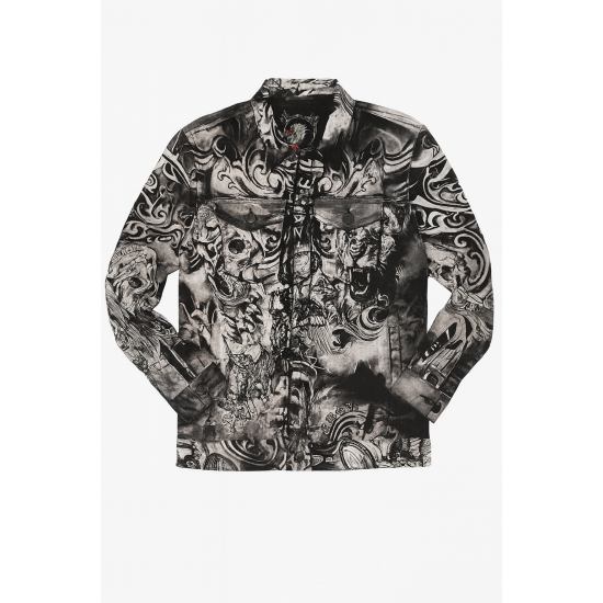 Kingz Beyaz Üzerine Siyah Kuru Kafa ve Kaplan Baskılı Kot Ceket Kingz Beyaz Üzerine Siyah Kuru Kafa ve Kaplan Baskılı Kot Ceket