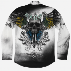 Kingz Beyaz Üzerine Sis ve Kuru Kafa Baskılı Uzun Kollu Gömlek