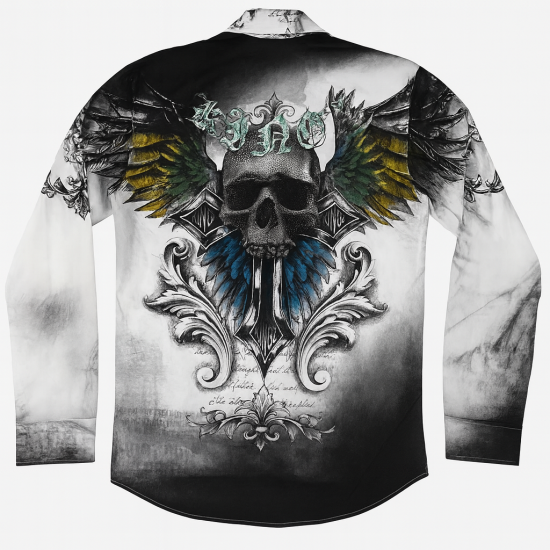 Kingz Beyaz Üzerine Sis ve Kuru Kafa Baskılı Uzun Kollu Gömlek Kingz Beyaz Üzerine Sis ve Kuru Kafa Baskılı Uzun Kollu Gömlek