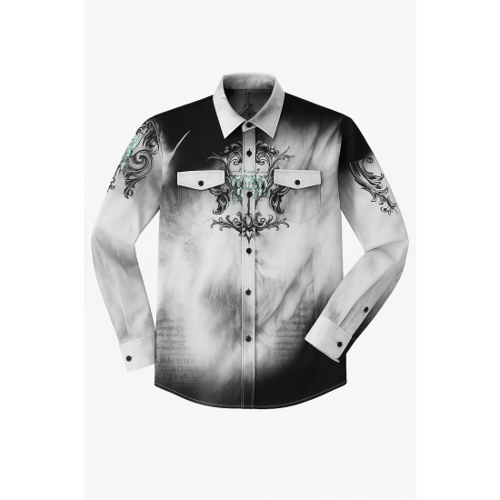 Kingz Beyaz Üzerine Sis ve Kuru Kafa Baskılı Uzun Kollu Gömlek Kingz Beyaz Üzerine Sis ve Kuru Kafa Baskılı Uzun Kollu Gömlek